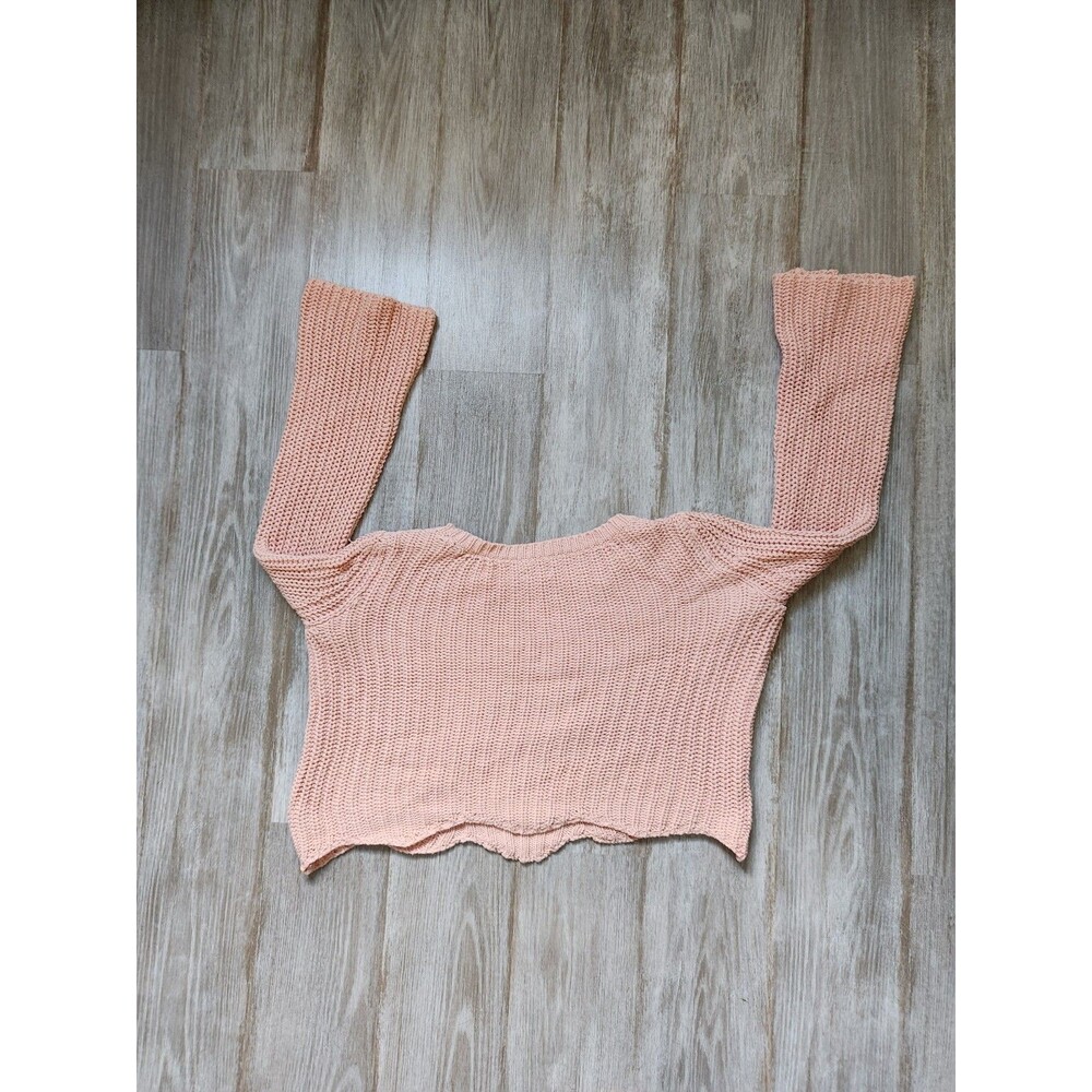 Aerie Chunky Knit Pink Sweater Crop Wide Sleeve Scalloped Hem Oversized Sz S EUC - Picture 8 of 8